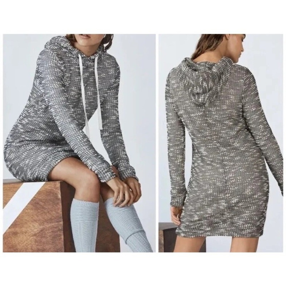 Athleisure Fabletics Womens Small Black White Marled Knit Hooded Sweater Dress
